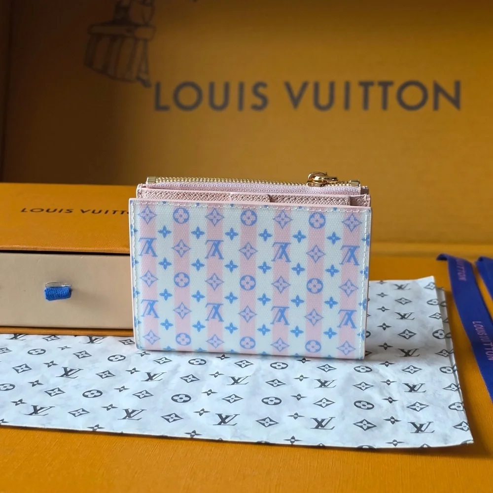 Louis Vuitton Pink and Pastel Blue Monogram Zip Card Pouch with Gold LV Charm